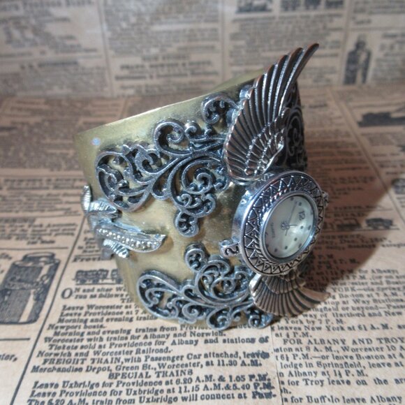 Steampunk Large Wrist Cuff Watch Face Wings Ornate Filigree Chunky Bracelet - Picture 9 of 15